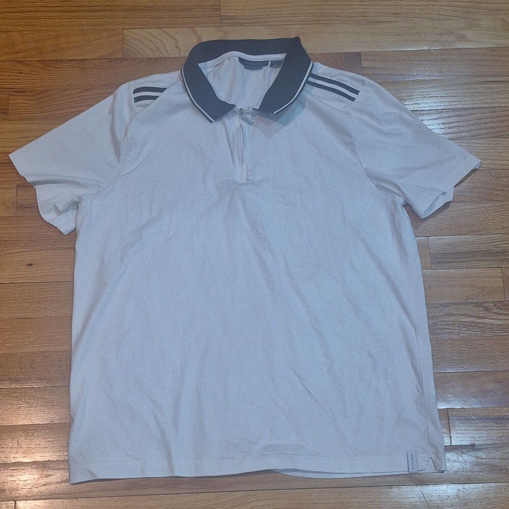 Perry Ellis Mercerized Cotton White Blue Zip Front Short Sleeve Polo, Size XL